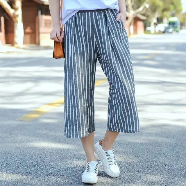 Donne di Estate Vita Elastica A Righe Verticali In Cotone E Lino Polpaccio  Pantaloni Delle Signore Stripes Pantaloni Pantaloni Estivi Donna|pants  ladies|summer pantsstriped trousers - AliExpress