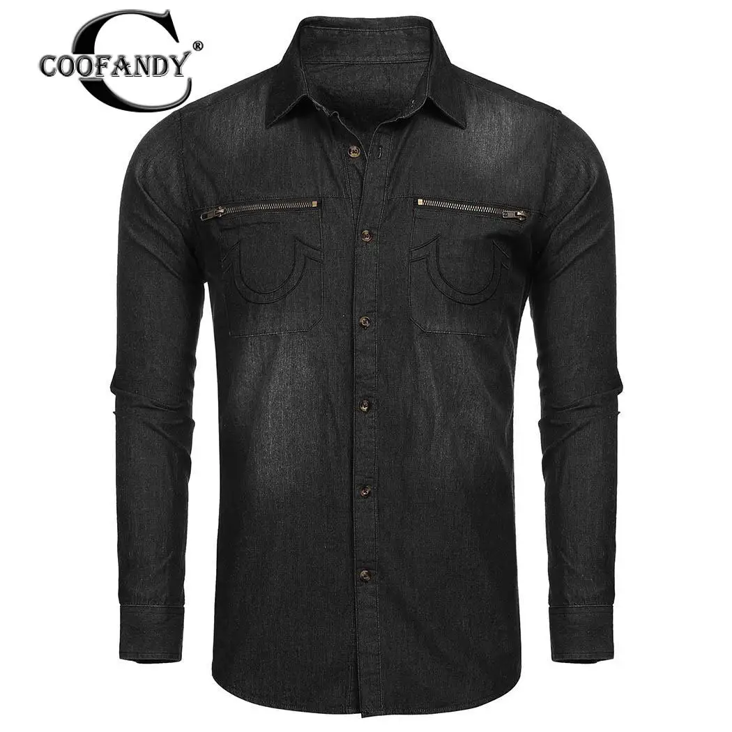 

Turn Solid Pocket Brested Long Spring Buttons Sleeve Shirt Winter Single Denim Zipper Collar Casual Down Autumn Men