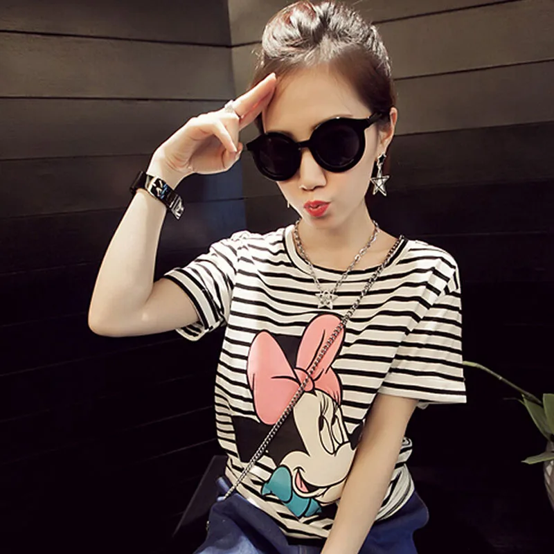 Camiseta de manga corta con estampado de Mickey para mujer, de verano, a la moda, de estilo informal, para mujer, de Color a rayas, Camisetas femeninas