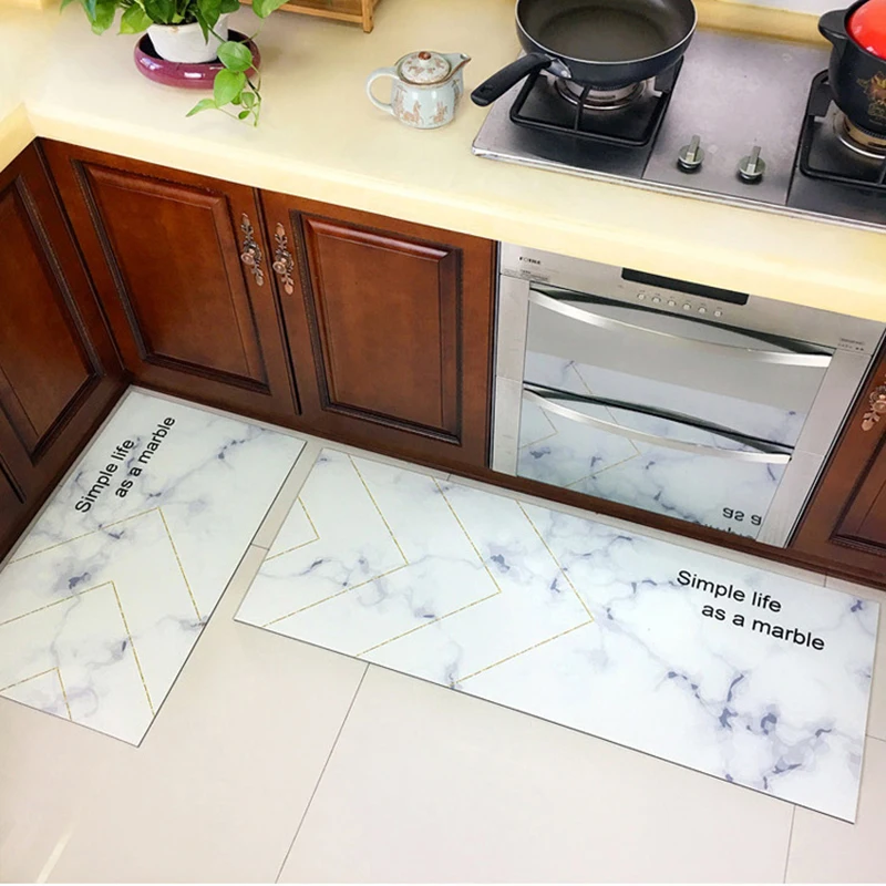 

PVC Leather Rubber Kitchen Mat White Marble Geometry Design Carpet Anti-Fatigue Foam Non-slip Waterproof and Oil Proof Area Rug