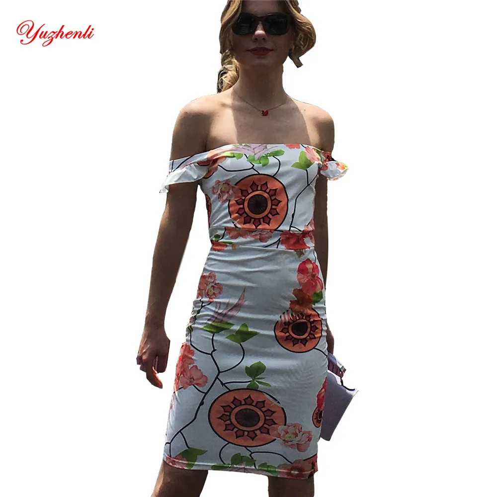 

New 2018 Floral Print Sexy Off the Shoulder Ruffle Short Sleeve Slash Neck Dress Summer Women Slim Dress Size S-XXL Party Dress