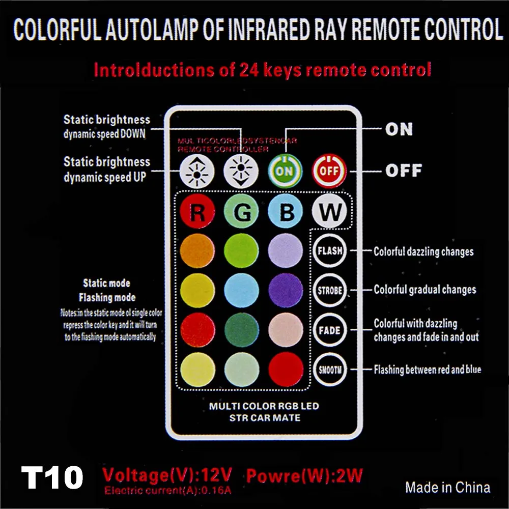 2 шт. T10 W5W COB Автомобильные светодиодные лампы RGB с пультом дистанционного