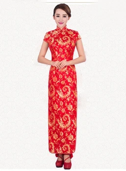 

High Quality Red Handmade Embroidery Chinese Cheongsam New Style Women Satin Long Qipao Wedding Dress Size S M L XL XXL WC053