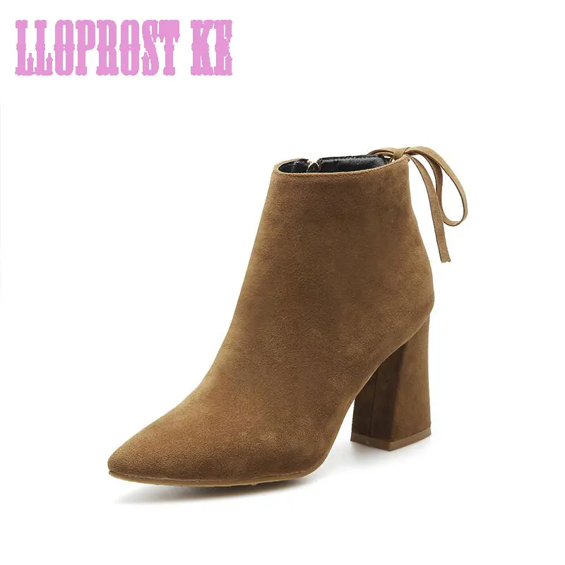

LLOPROST KE Autumn Winter Big Size 32-46 Ankle Boots Pointed Toe Flock Women Bowtie Boots Elegant Women Shoes Thick Heel ty155