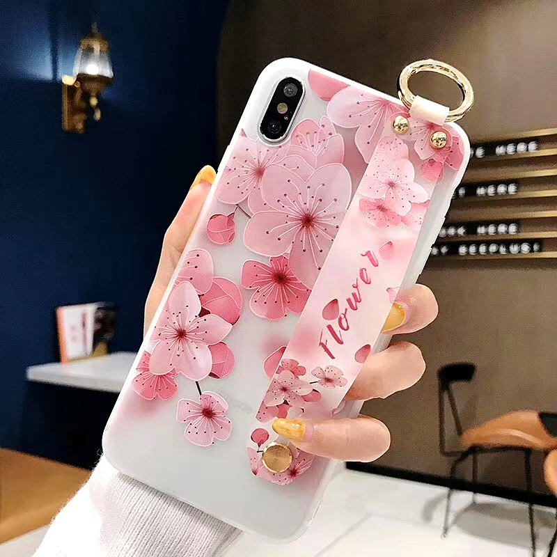 PINK LIPS Flower Case For iPhone X XR XS Max 3D Relief Floral For iPhone X 8 7 6 6S Plus 5 5s SE With Wristband Soft Phone cover  (8)