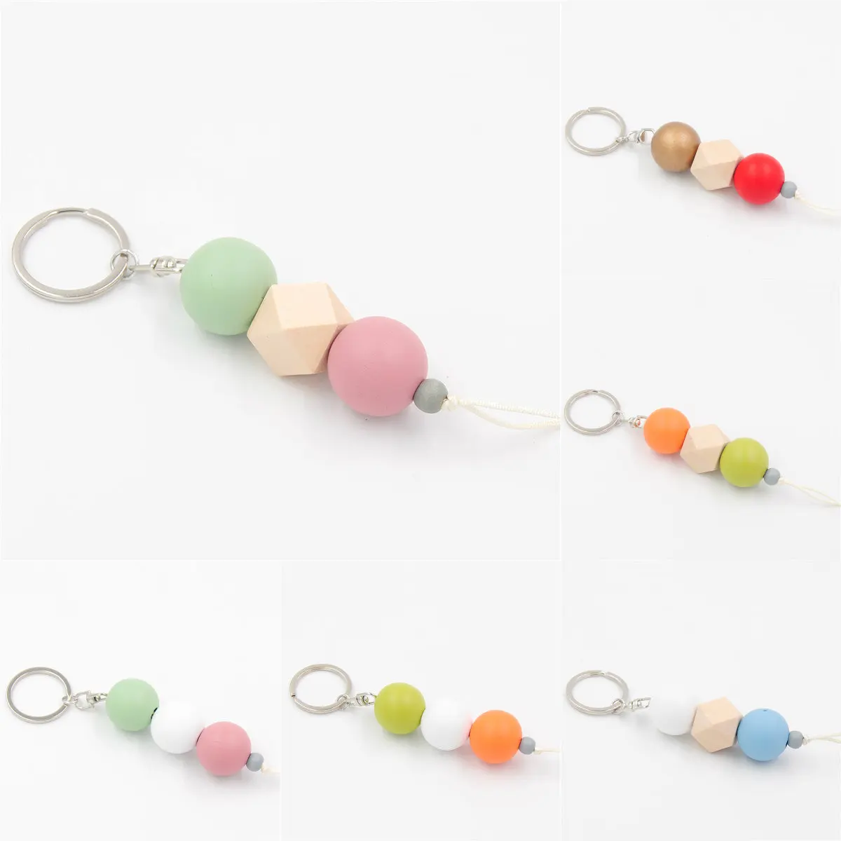 

1pc Dropshipping Mulricolor Geometric With Wood Beads Keychains For Bag Charms Wooden Jewelry