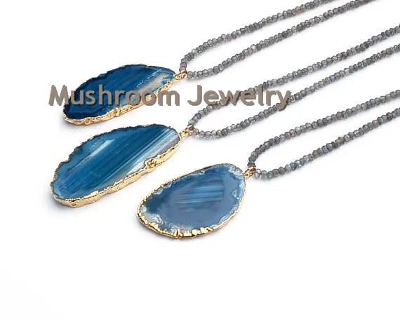 Boho Blue Agates Pendant Necklace Labradorite Beads Slice | Украшения и аксессуары