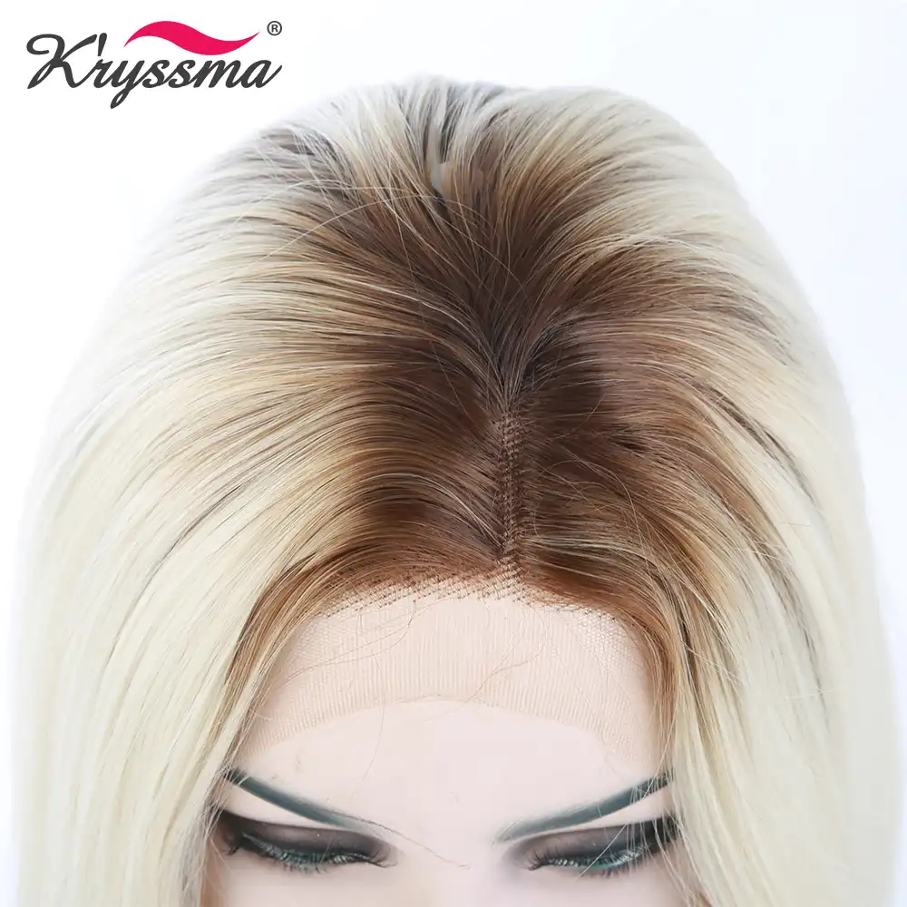 Bob Wig Blonde Synthetic Lace Front Wig Brown Roots Platinum