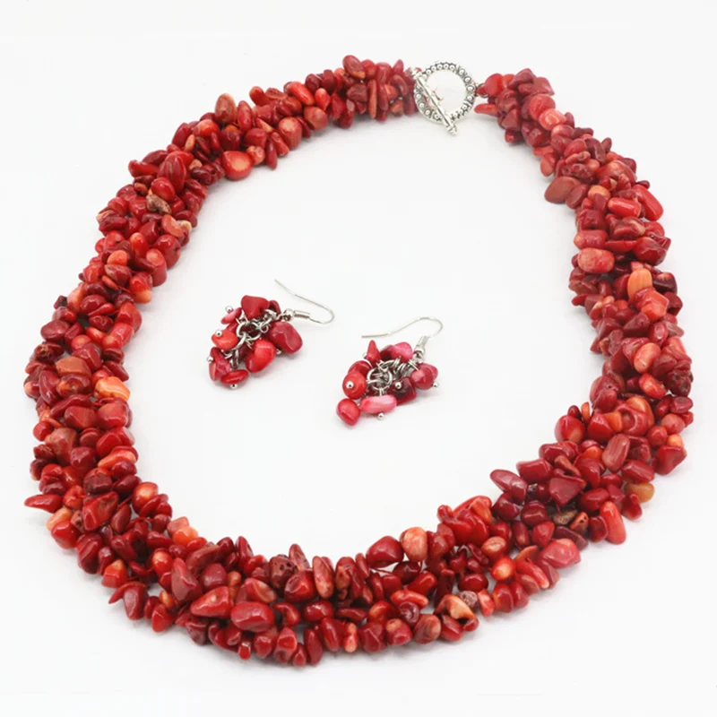 

Fashion Women Necklace Earring Jewelry Set Natural Stone Red Coral 9-11mm Irregular Gravel Chip Bead Necklaces Earrings 18" A68