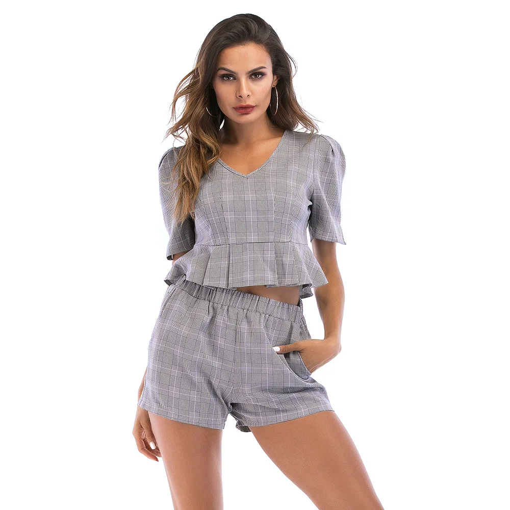 

Summer women's checkered two-piece V-neck short-sleeved tops elastic shorts casual suit ladies foreign Korean personality tide