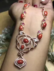 Натуральный красный коралл Цепочки и ожерелья Природный камень кулон Цепочки и ожерелья 925 серебристые женские роскошные модные корона