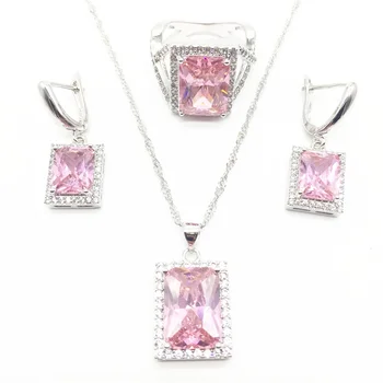 

925 Sterling Silver Jewelry Mystic Pink Zircon White CZ Princess Jewelry Sets For Women Earrings/Pendant/Necklace/Ring