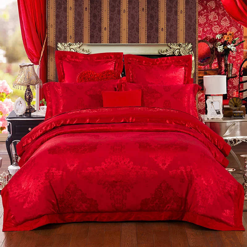 

2018 Royal Flowers Wedding Red Bedlinens Silk Cotton Blend Bedding Set Jacquard Queen King Duvet Cover Set Sheet Pillowcases