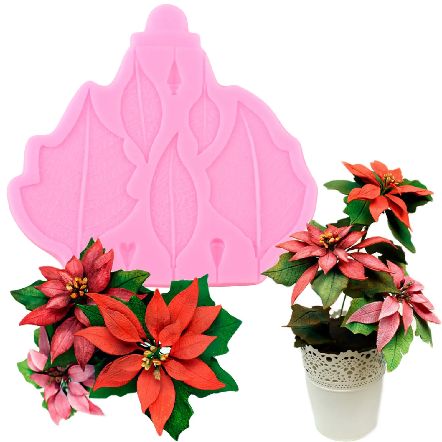 Poinsettia Flower Petal Silicone Mold 3D Leaves Cake Border Fondant Molds Cake Decorating Tools Chocolate Candy Fimo Clay Moulds