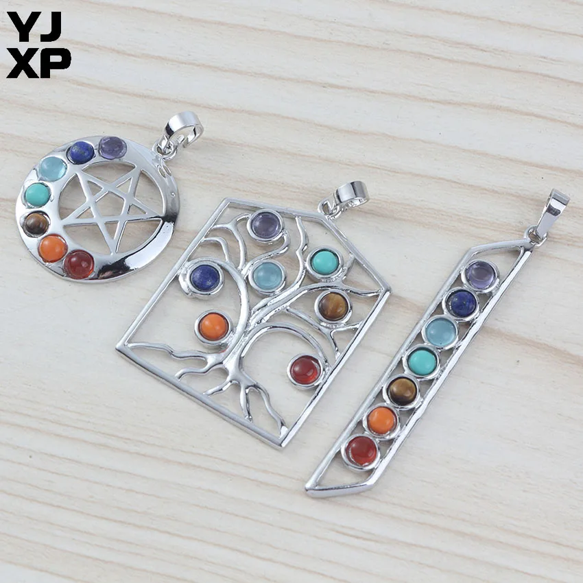 

YJXP 7 Chakra Beads Reiki Stone Inlayed Silver Plated Star of David Tree of Life Ladder-Shaped Meditation Pendant Charms Jewelry