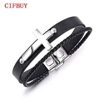 

Trendy Leather Bracelets Men Bangles Black/Golden/Steel Color Stainless steel Cross Black PU Chain Men Jewelry Gifts PH1232