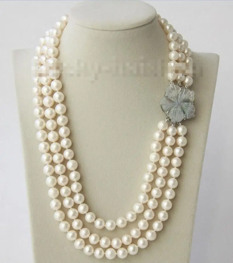 

Free shipping hot sale Women Bridal Wedding Jewelry >>19"-21" 3row 10mm round white Freshwater pearl necklace seashell clasp