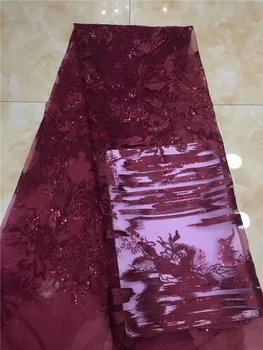 

Sequins Net Tulle Lace Fabric 2018 Latest milk High Quality Wedding Laces Nigeria Embroidery Mesh Guipure Laces Fabric Wine red