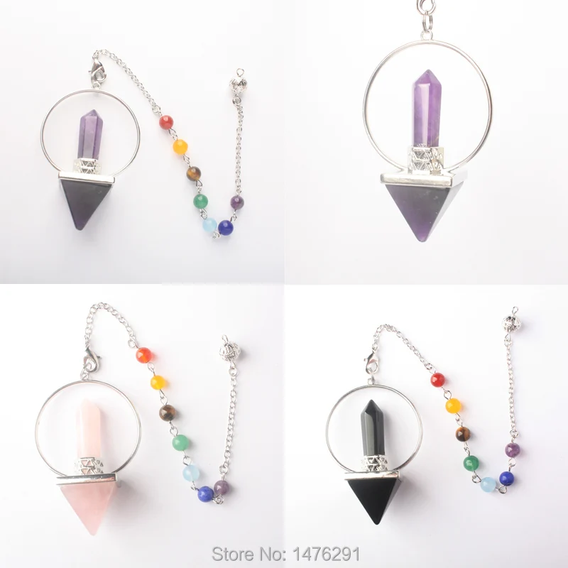 

Exotic Natural Amethysts Rose Quartzs Onyx Clear Crystal Faceted Cone Chain Dowsing Healing Chakra Pendulum With Chain 1PCS