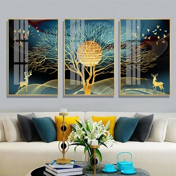 

Golden Abstract Deer Tree Bird Wall Art Canvas Painting Nordic Posters and Prints Decorative Pictures for living Room Home Decor