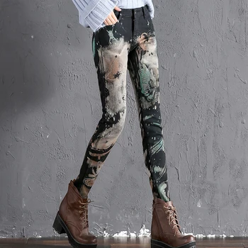 

Spring Fall Fashion Women Female Beading Glitter Stone Flower Pattern Stretch Skinny Denim Pencil Trousers , Casual Jeans Pants