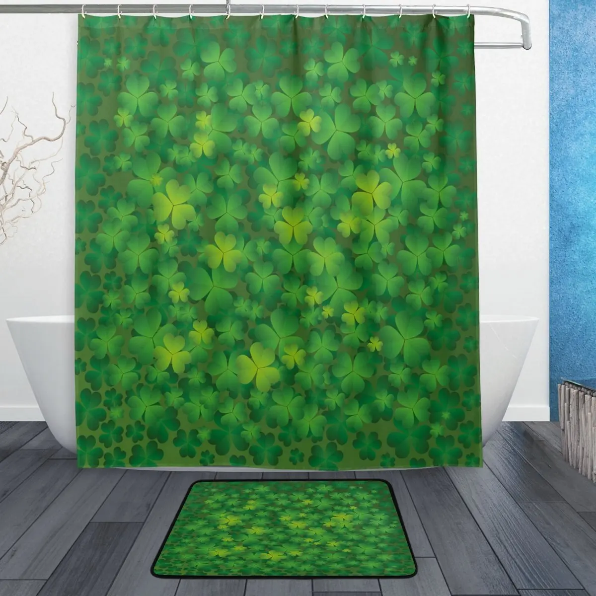 Happy St. Patrick's Day Shower Curtain and Mat Set, Spring Leaves