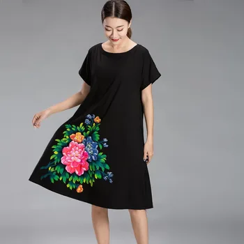 

2018Summer Dress Fashion Women Big Size Loose Hand-painted Chinese style peony painted O-Neck short sleeve elegant dress 5XL4XL