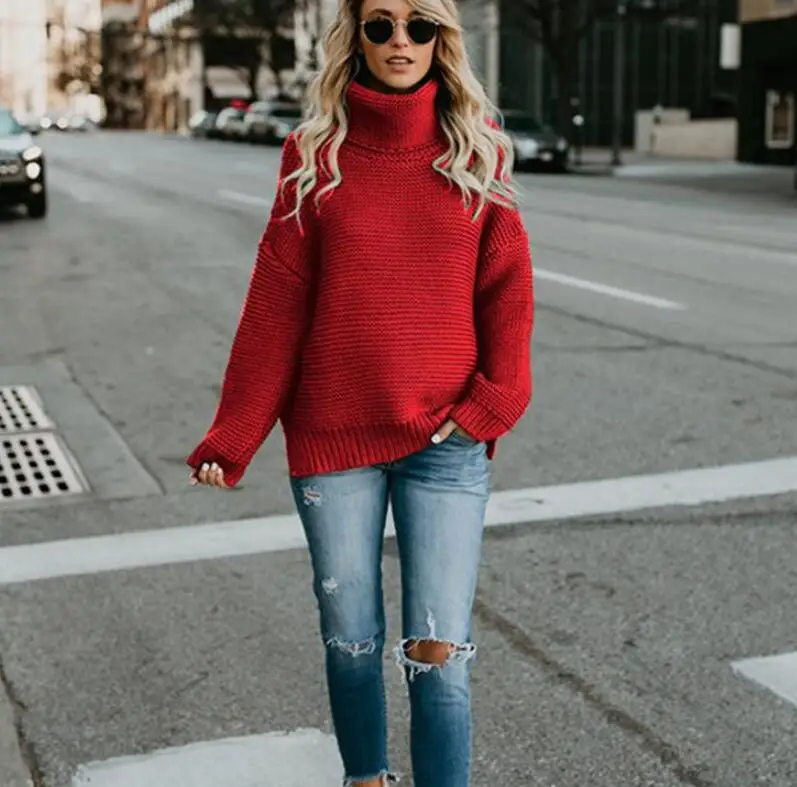 Для женщин осенне-зимняя трикотажная одежда Удлиненный свитер с высоким, плотно облегающим шею воротником Женский пуловер теплый толстый вязаный свободный Разделение свитер для Для женщин E010