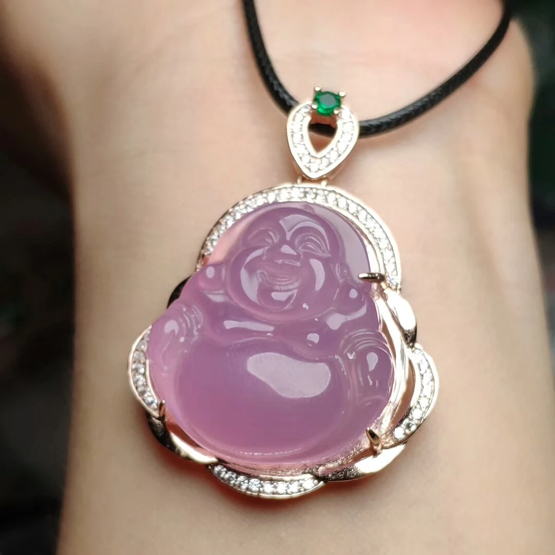 Koraba S925 Sterling Silver Natural Pink Jade Chalcedony Buddha Pendant Leather Rope Gemstone Necklace Women Luxury Jewelry