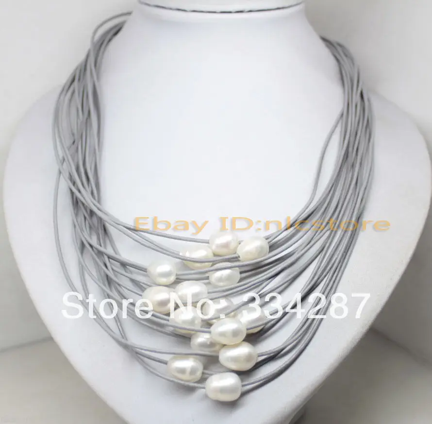 

15rows natural white drop pearl gray leather pendant necklace 17.5" fashion