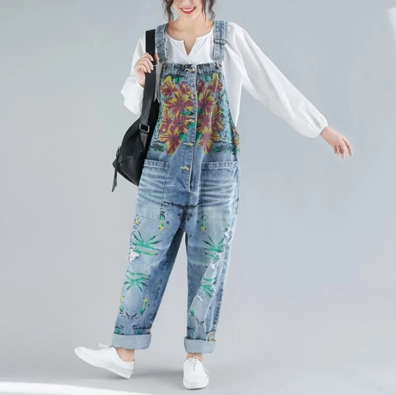 

#0302 Vintage Jeans Jumpsuit Floral Printed Plus Size Vintage Suspender Denim Overalls Women Big Pocket Loose Single Breasted