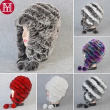 Хорошие эластичные вязаные шапки из меха кролика Рекс, зимние женские шапки, настоящий мех кролика, женская шапка, Настоящая Натуральная шапка из меха кролика рекс