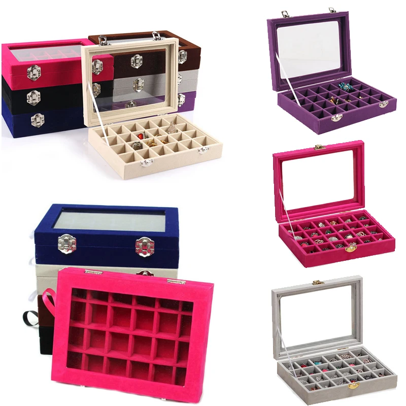 24 Grids Black Rose Red Velvet Jewelry Box Rings Earrings Necklaces Makeup Holder Case Organizer Women Jewelery Storage