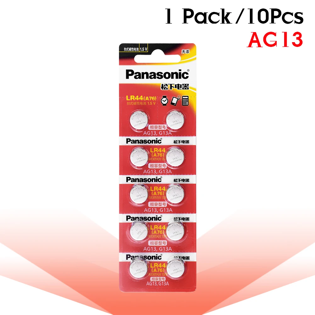 Panasonic 10 шт. 1,5 V кнопочный элемент Батарея lr44 Литиевые Батарейки-таблетки A76 AG13 G13A LR44 LR1154 357A SR44