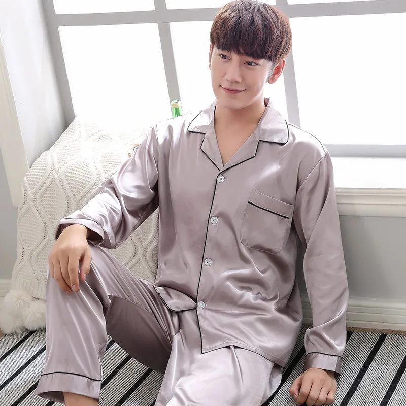 Purple Men Nightwear 2pc Shirt Pants Sleep Pajamas Sets Sleepwear Spring Autumn Rayon Silky Nightgown Robe Clothes L - XXXL cotton pajama pants