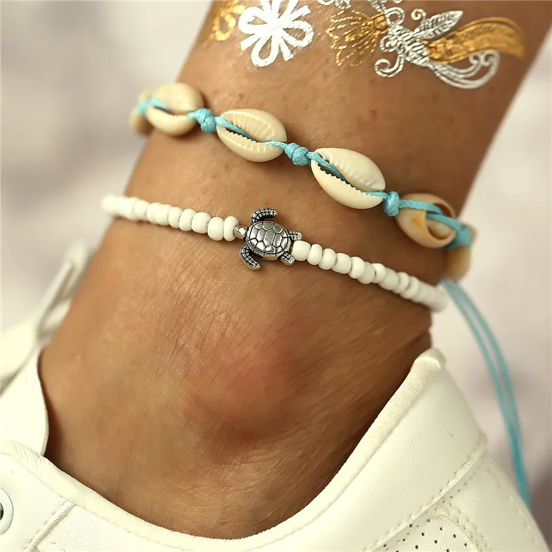 

2 Pcs Vintage Beach Shell Conch Turtle Anklet Blue Rope White Beads Chain Anklet For Women 2019 New Jewelry