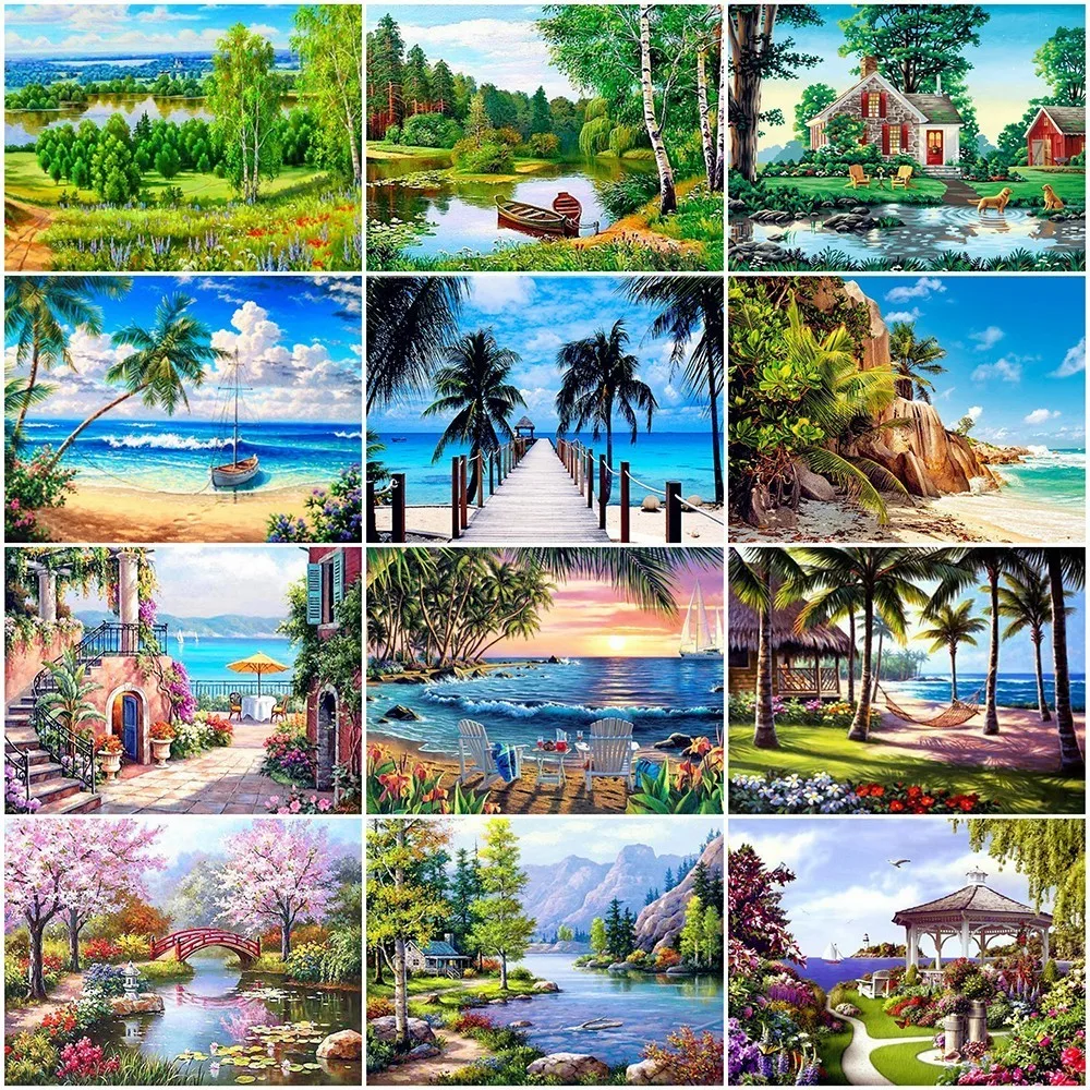 

AZQSD Diamond Embroidery Summer Scenery Diamond Painting Full Round Drill Sale Landscape Picture Rhinestones Handmade Home Decor
