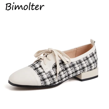 

Bimolter Women Cow Leather + Cloth Flats Casual Comfortable Girl's Shoes Round Toe Lace-up Flats 2019 New Fashion Wear NB016