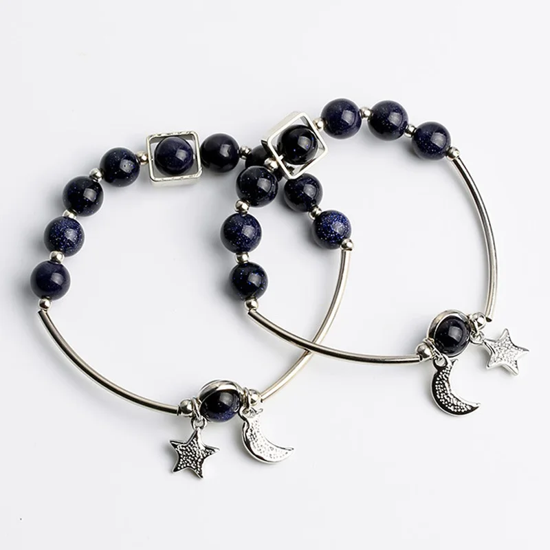 Korean 2018 Simple Vintage Blue Stone Beaded Rhinestone Moon Star Pendant Charm Bracelet Bangle for Women Girls Jewelry Gift | Украшения и