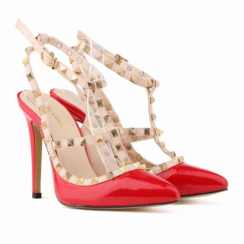 2017 Fashion Party Women's Pumps Shoes Pointed Top Patent Leather Buckle Strap Women sandals New Rivet OL Thin High-heeled 11 cm | Обувь