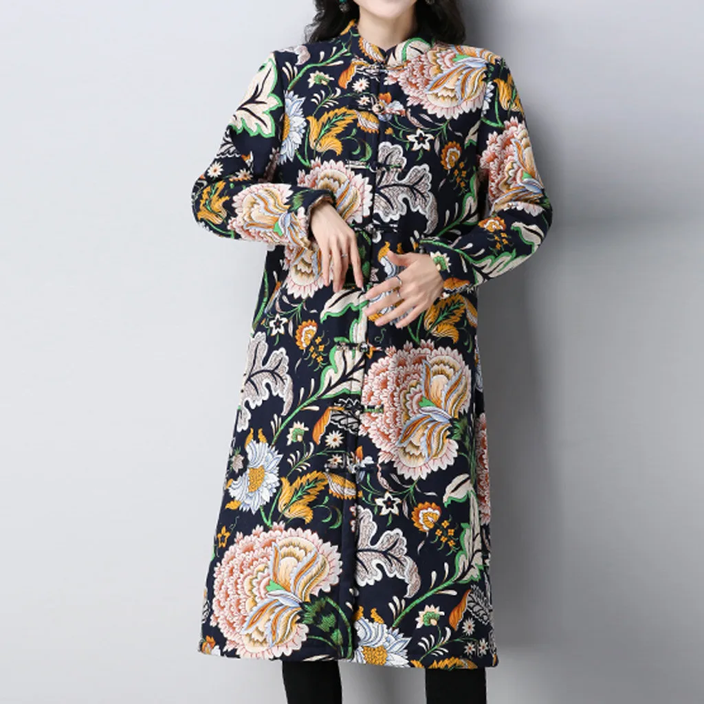 Women Folk-Custom Print Velvet Cotton Outwear Warm Long Thick Coat Jacket Parka 
