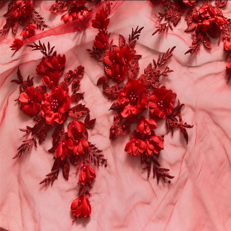 2 Pcs Beaded 3D Flower Lace Applique With Sequins Embroidery Mesh