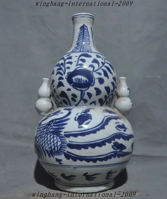

15" Old China Blue&White Porcelain Phoenix Bird Gourd Statue Bottle jar pot Vase