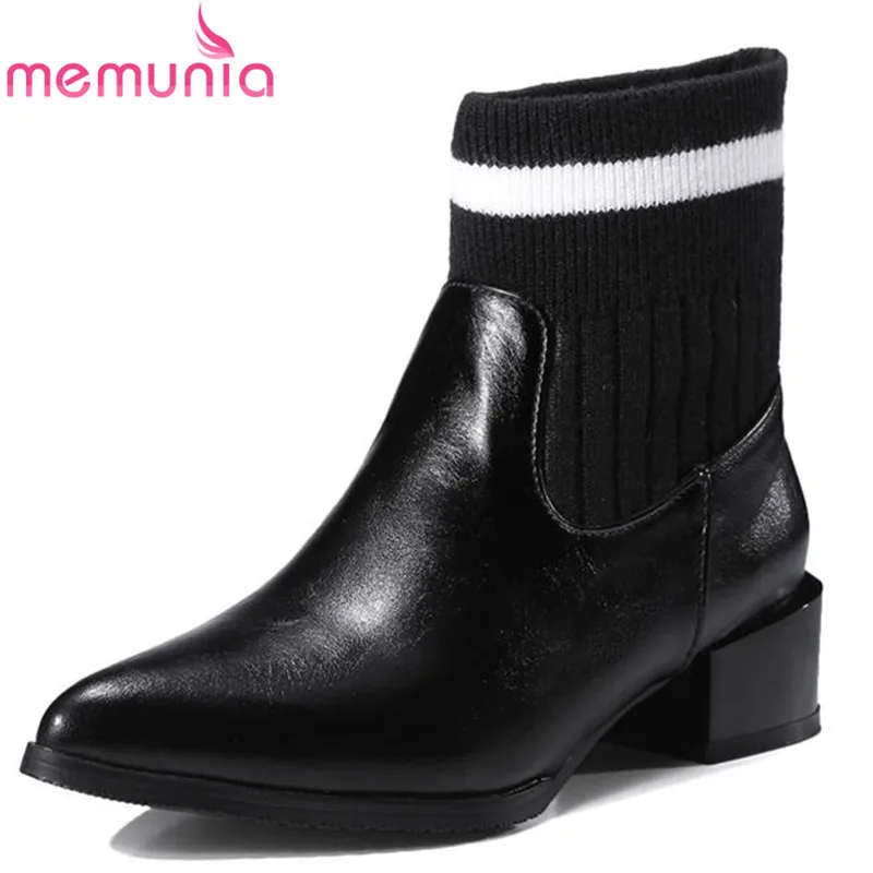 

MEMUNIA 2020 new arrival pu +Elastic cloth pointed toe autumn winter boots slip on ankle boots women square heel fashion shoes