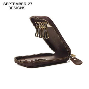 

Car Key Case Housekeeper Holder Crazy Horse Leather Mens Key Chain Vintage ID Credit Card Wallet Genuine Leather Male Keychain