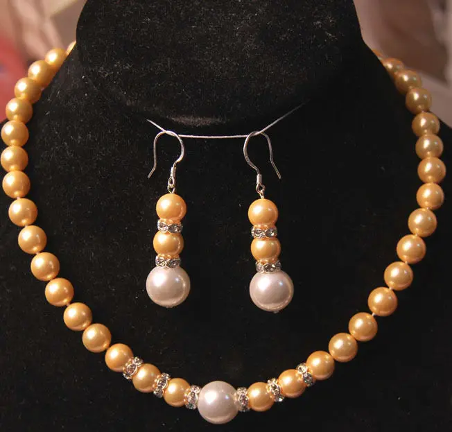 

8-12MM Yellow Round Sea Shell Pearl Necklace Earrngs Set Fashion Beads Jewelry Set Natural Stone (Minimum Order 1)