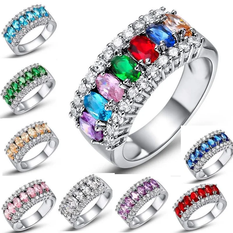 

9 Colors AAA Zircon 925 Sterling Silver Ring With Multicolor Cubic Zircon Crystal Woman Wedding Engagement Rings For Brides