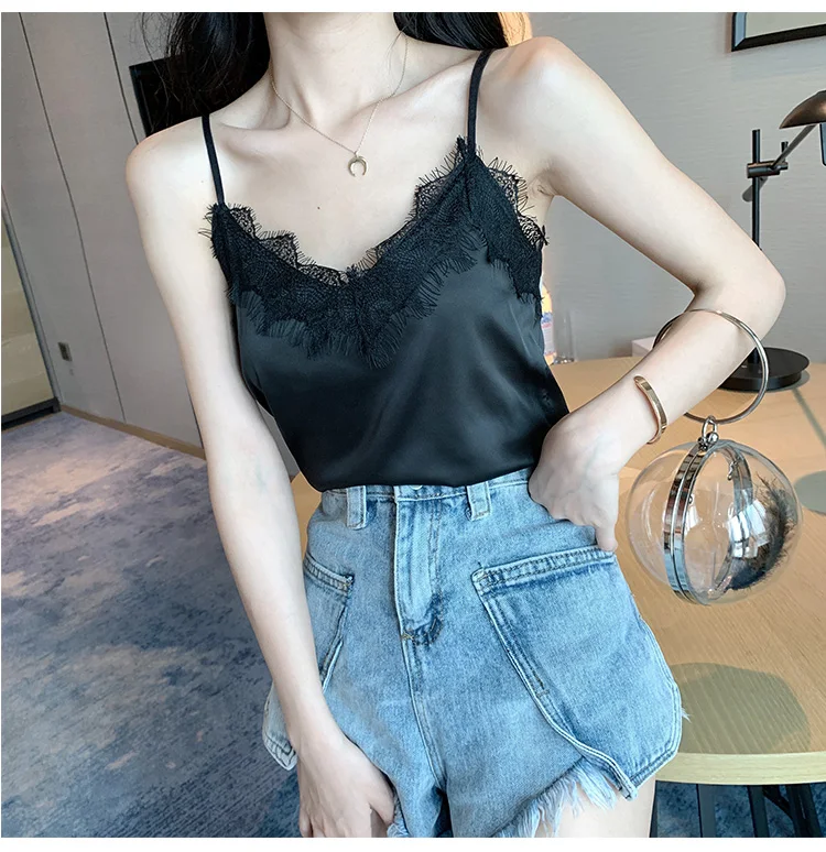 Lace Trim Double V Neck Satin Silk Top Sexy Tops for Women Fitness Tank Top White Elegant Workwear Women's Sleeveless Tops
