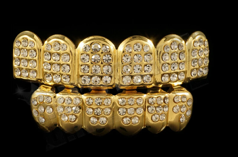 Hiphop 6 Teeth Grillz Silver Gold Top Bottom Tooth Caps Crystal Grillz