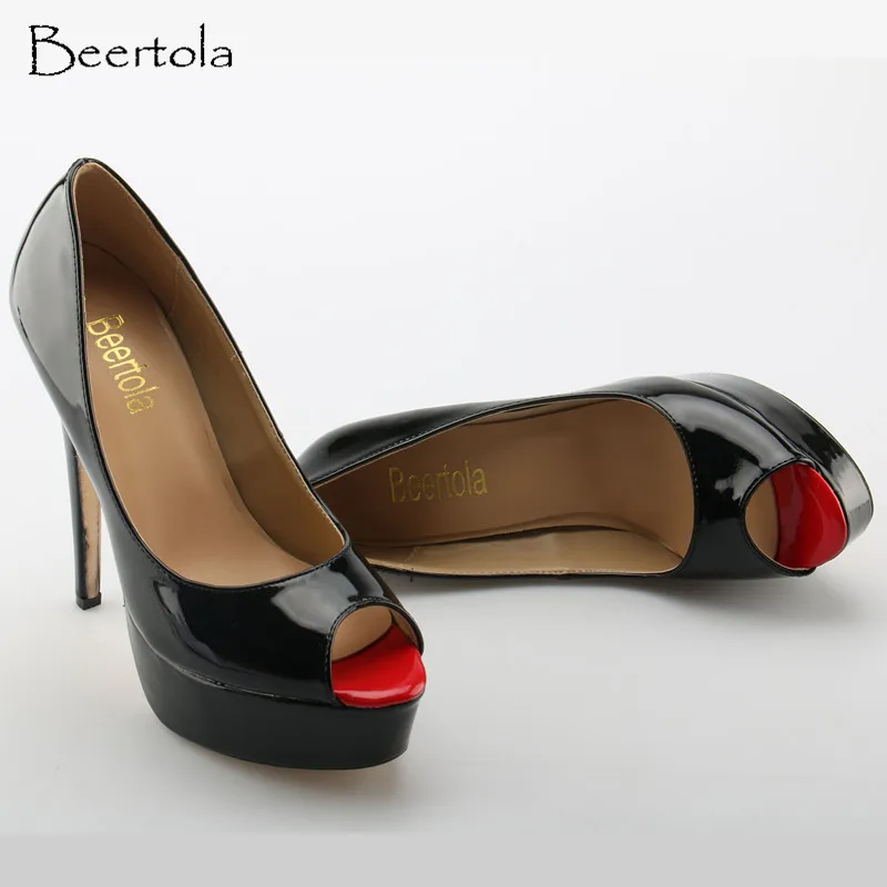 

Beertola women's Pumps 14CM Red Peep Toe Thick Sole Thin High Heels Shoes Woman Platform Luxury Brand Ladies Shoes Good Quality